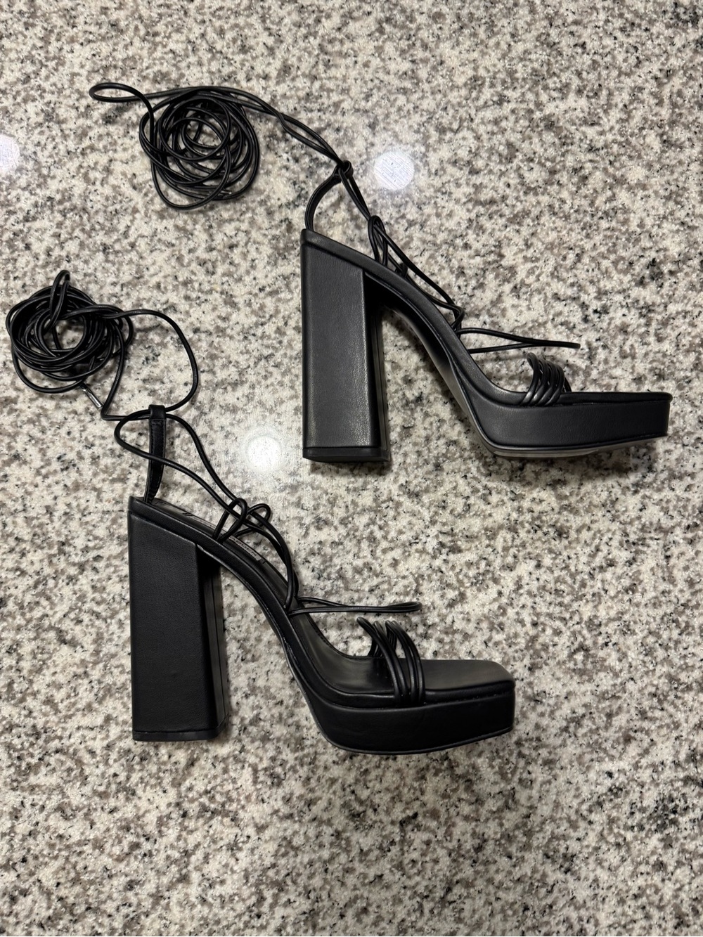 Steve Madden Black Manzie Platform Lace-Up Square Toe Block Heels Sandals